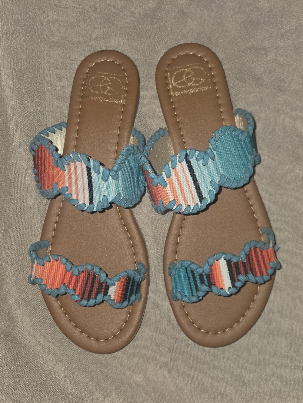 Striped Teal & Coral Double-Band Slide Sandals